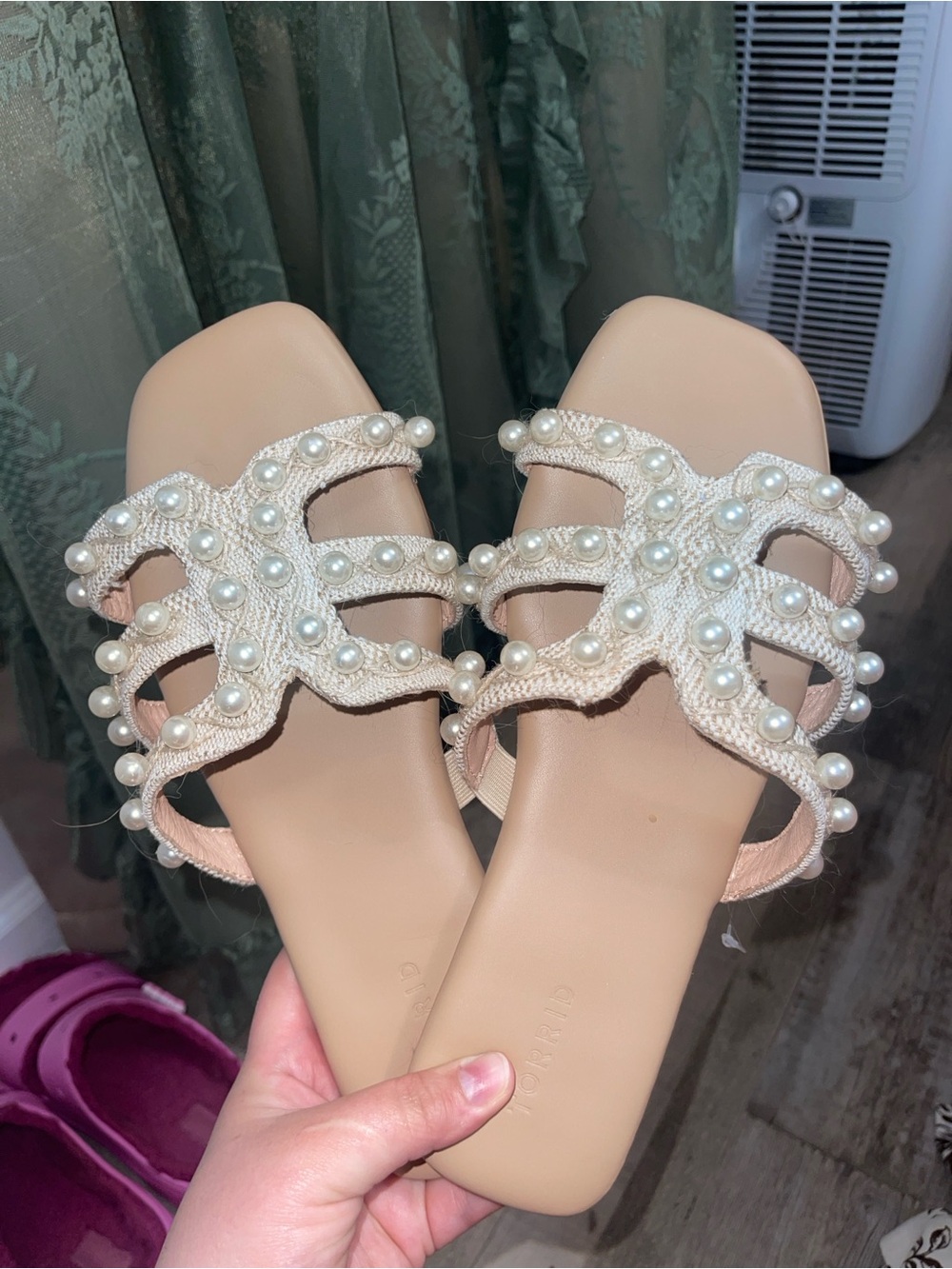 Torrid Cream Pearl-Embellished Slide Sandals